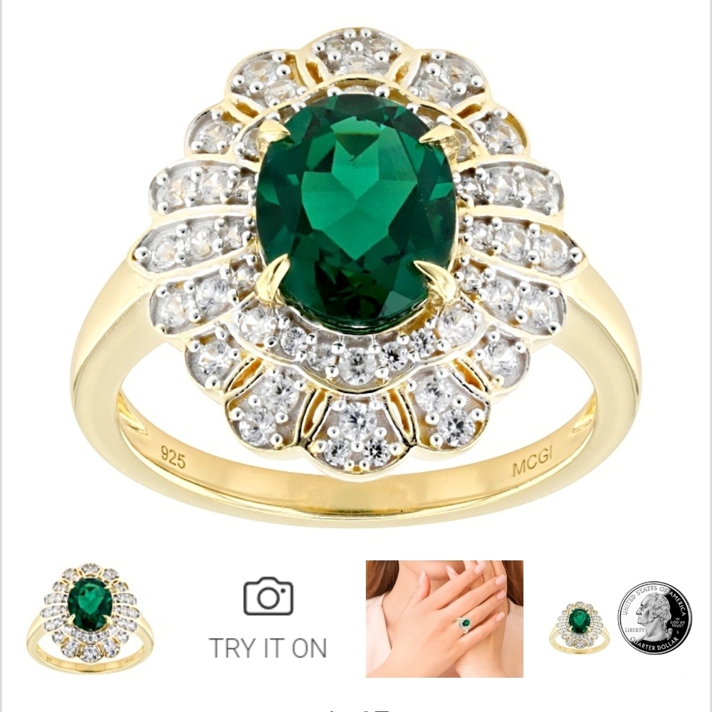 Lab Created Emerald With White Zircon 18k Yellow Gold Over Sterling Silver Ring